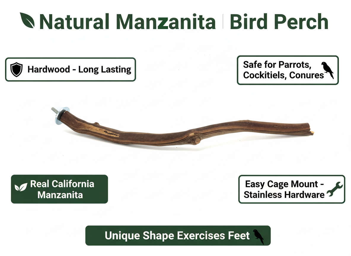 Heavy duty base mounting California Manzanita perch for birds